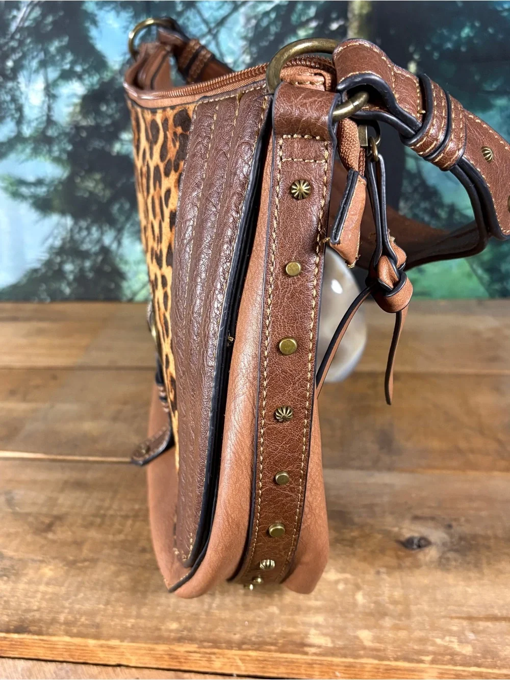 Justin Leopard Print Western Shoulder Bag Brown Studded Buckle Purse